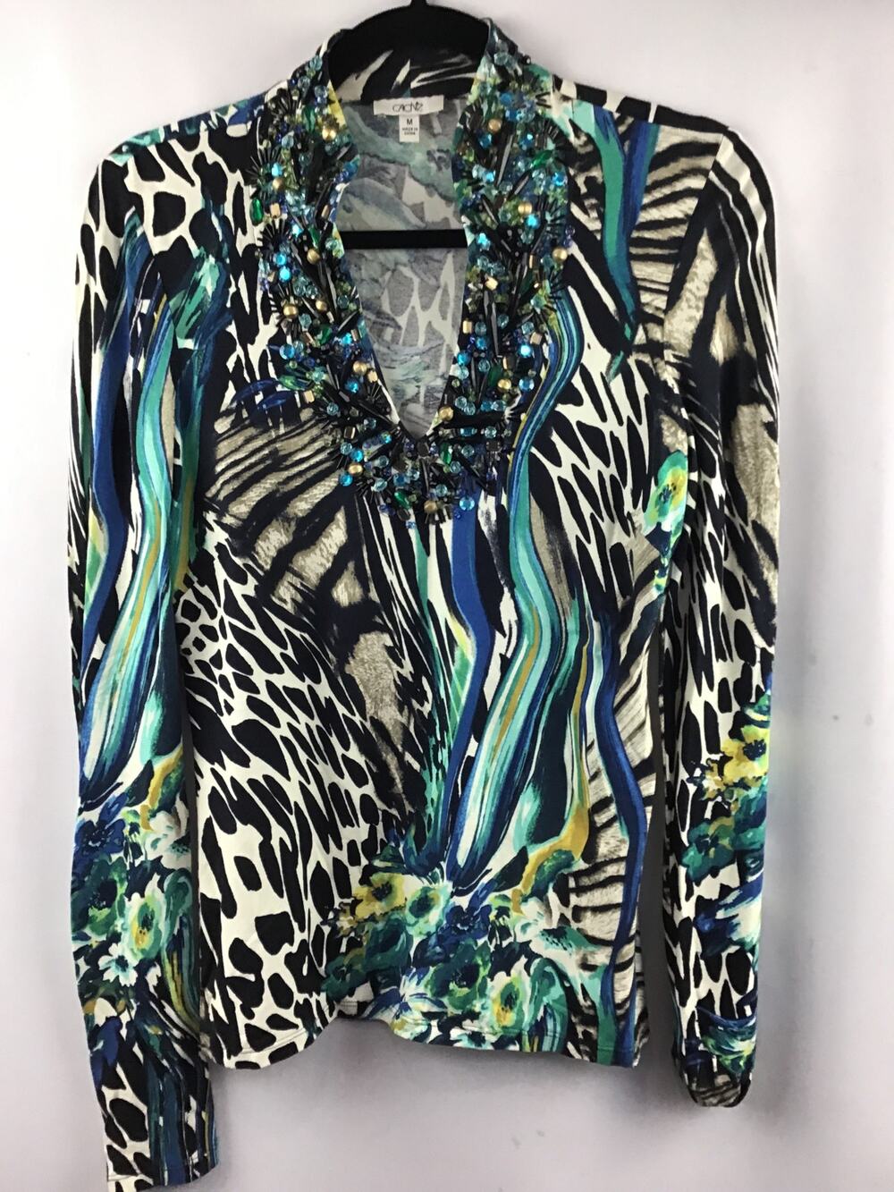 Women’s Cache Animal Print Embellished V-Neck Long Sleeve Top Size Medium